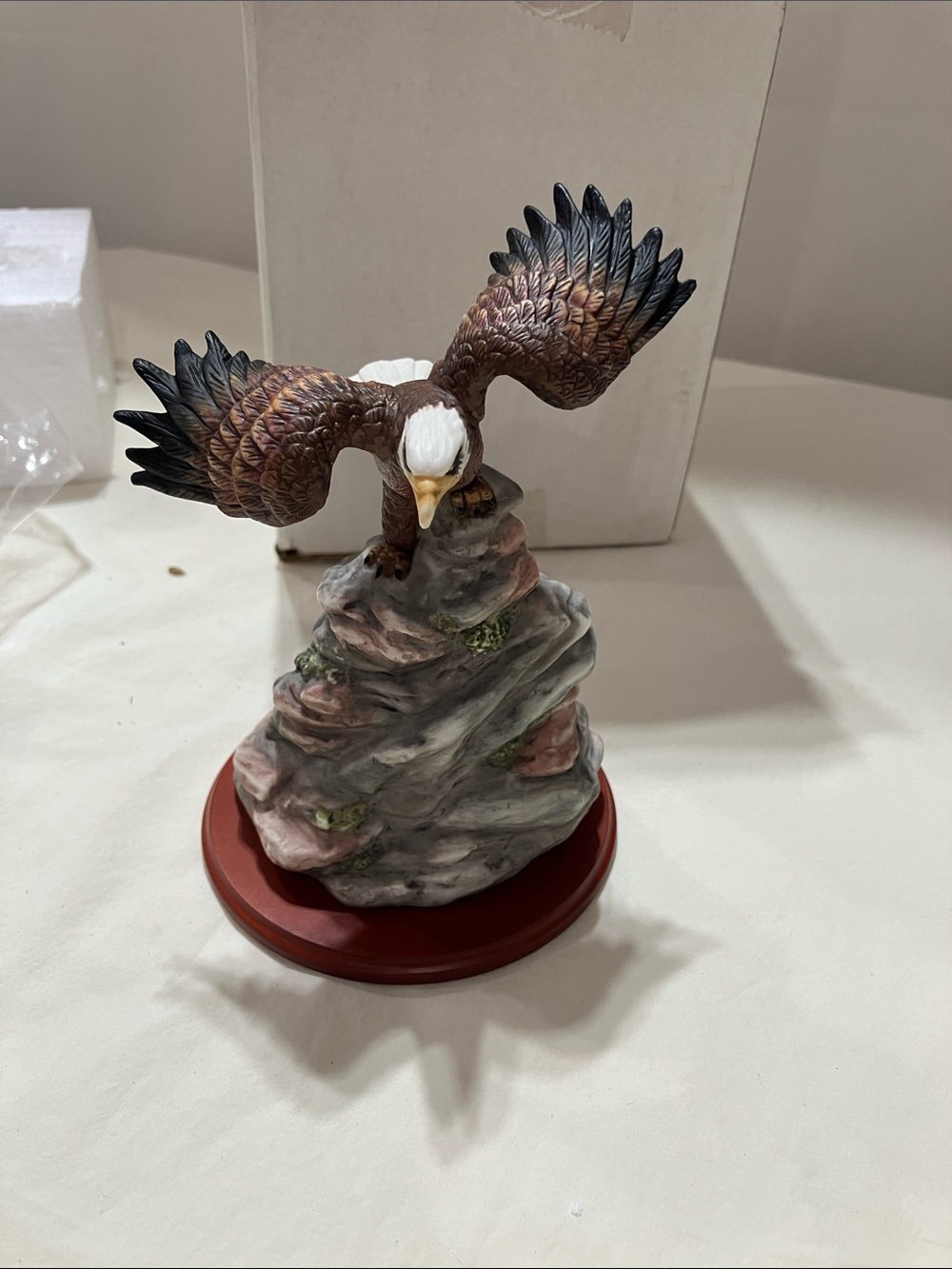 Porcelain Gliding Eagle on Wood Base Figurine Statue BD Inc Vintage